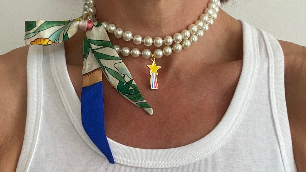 collier de perles fantaisie twilly  en soie foulard Gucci vintage revalorisé