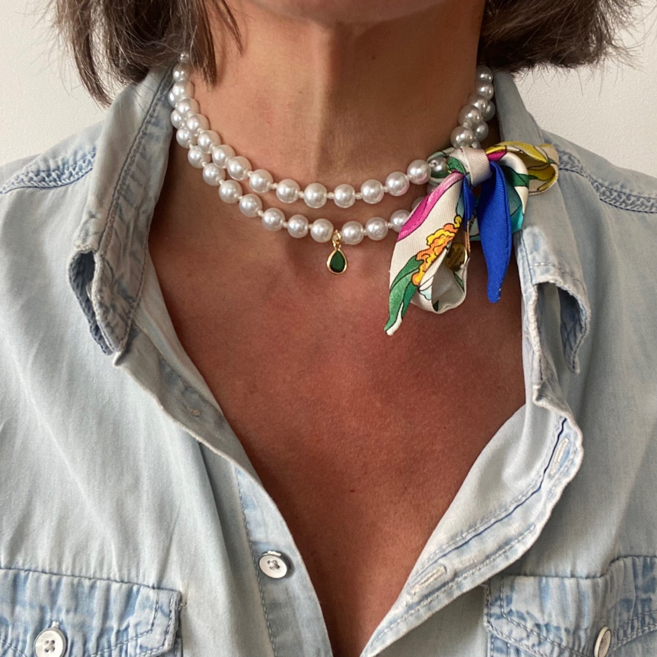 collier de perles fantaisie twilly  en soie foulard Gucci vintage revalorisé