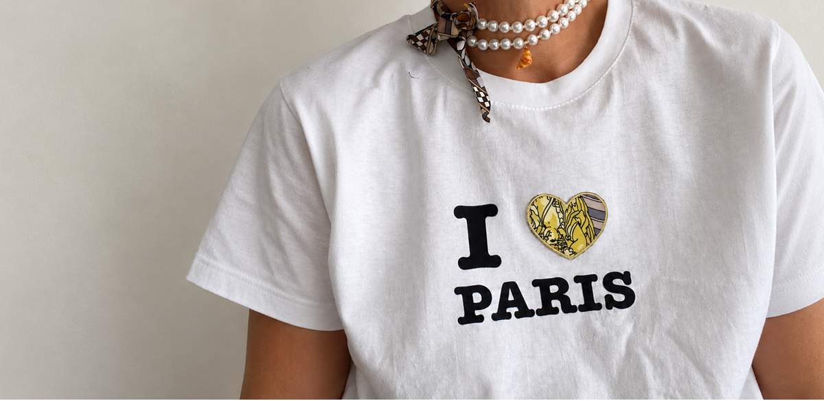 t shirt i love paris personnalisé avec patch  thermocollant en soie upcyclée par Bonjour Cocotte